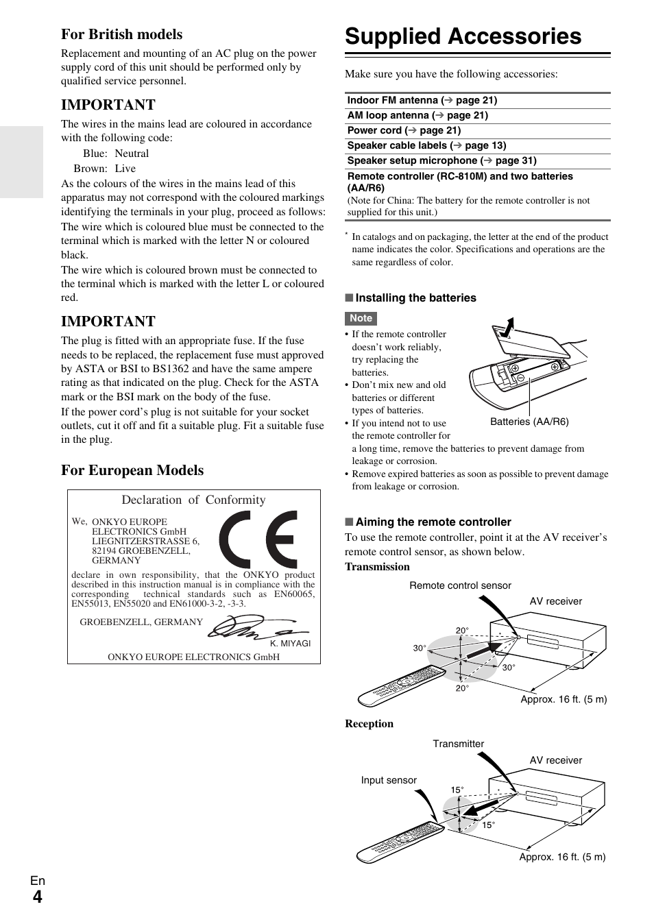 Supplied accessories, For british models, Important | For european models | Onkyo AV RECEIVER TX-NR1009 User Manual | Page 4 / 100