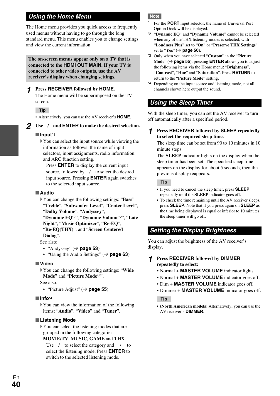 Using the home menu, Using the sleep timer, Setting the display brightness | Onkyo AV RECEIVER TX-NR1009 User Manual | Page 40 / 100