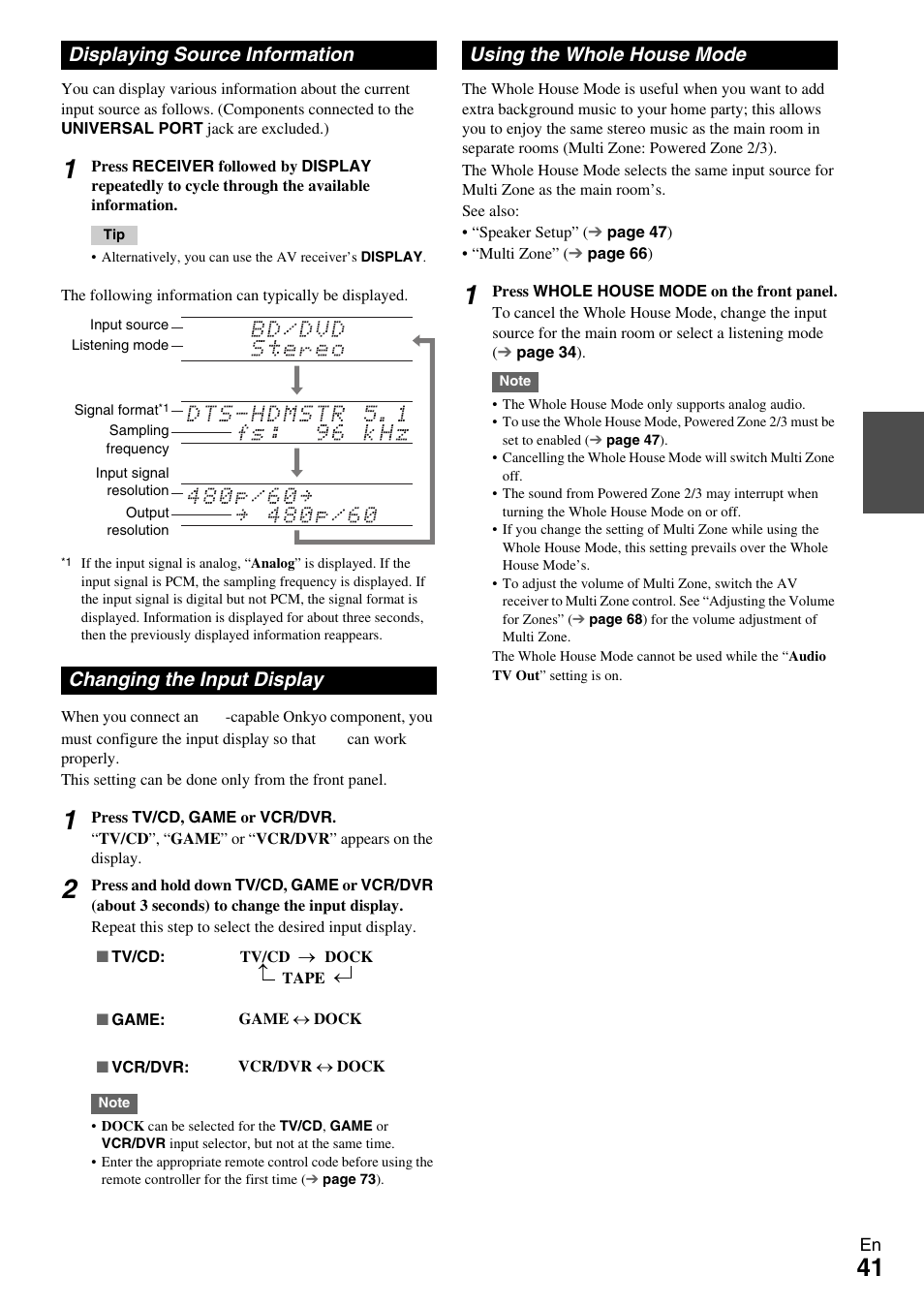 Displaying source information, Changing the input display, Using the whole house mode | Button (41), Information | Onkyo AV RECEIVER TX-NR1009 User Manual | Page 41 / 100