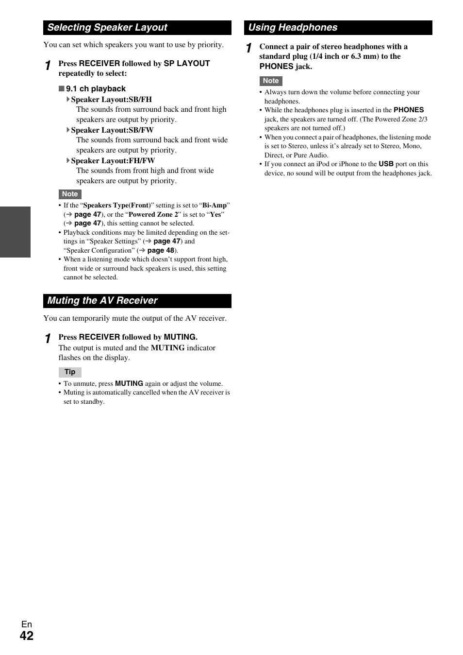 Selecting speaker layout, Muting the av receiver, Using headphones | Jack (42 | Onkyo AV RECEIVER TX-NR1009 User Manual | Page 42 / 100