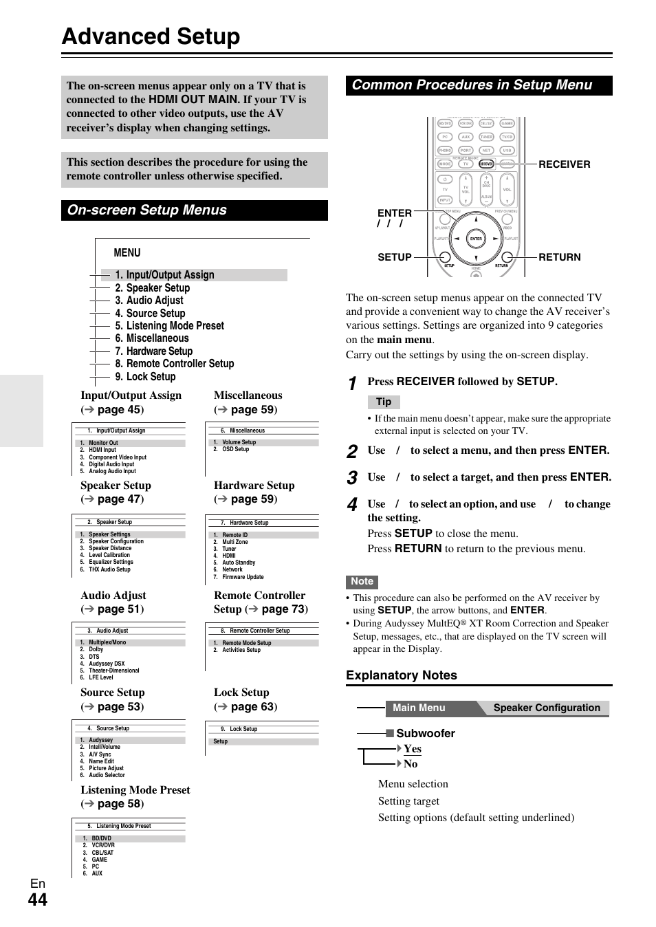Advanced operations, Advanced setup, On-screen setup menus | Common procedures in setup menu, N (44, Advanced setup” f | Onkyo AV RECEIVER TX-NR1009 User Manual | Page 44 / 100