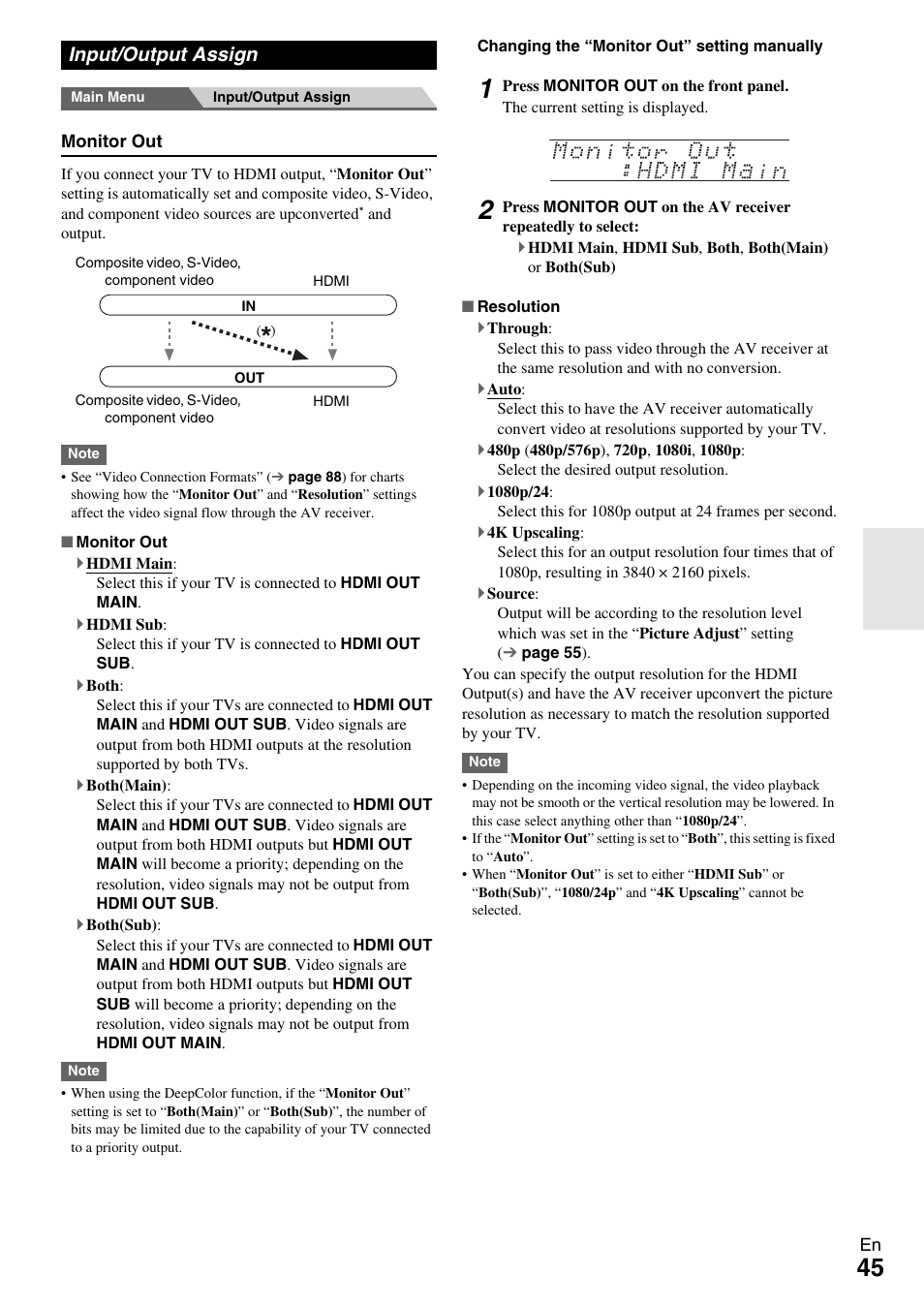 Input/output assign, On (45) | Onkyo AV RECEIVER TX-NR1009 User Manual | Page 45 / 100