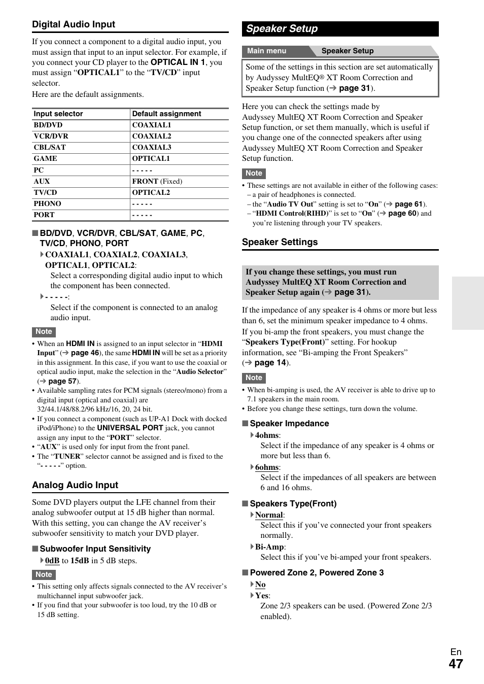 Speaker setup, E “subwoofer input sensitivity, Perform the “speaker setup | Abled, Tings in “speaker settings | Onkyo AV RECEIVER TX-NR1009 User Manual | Page 47 / 100
