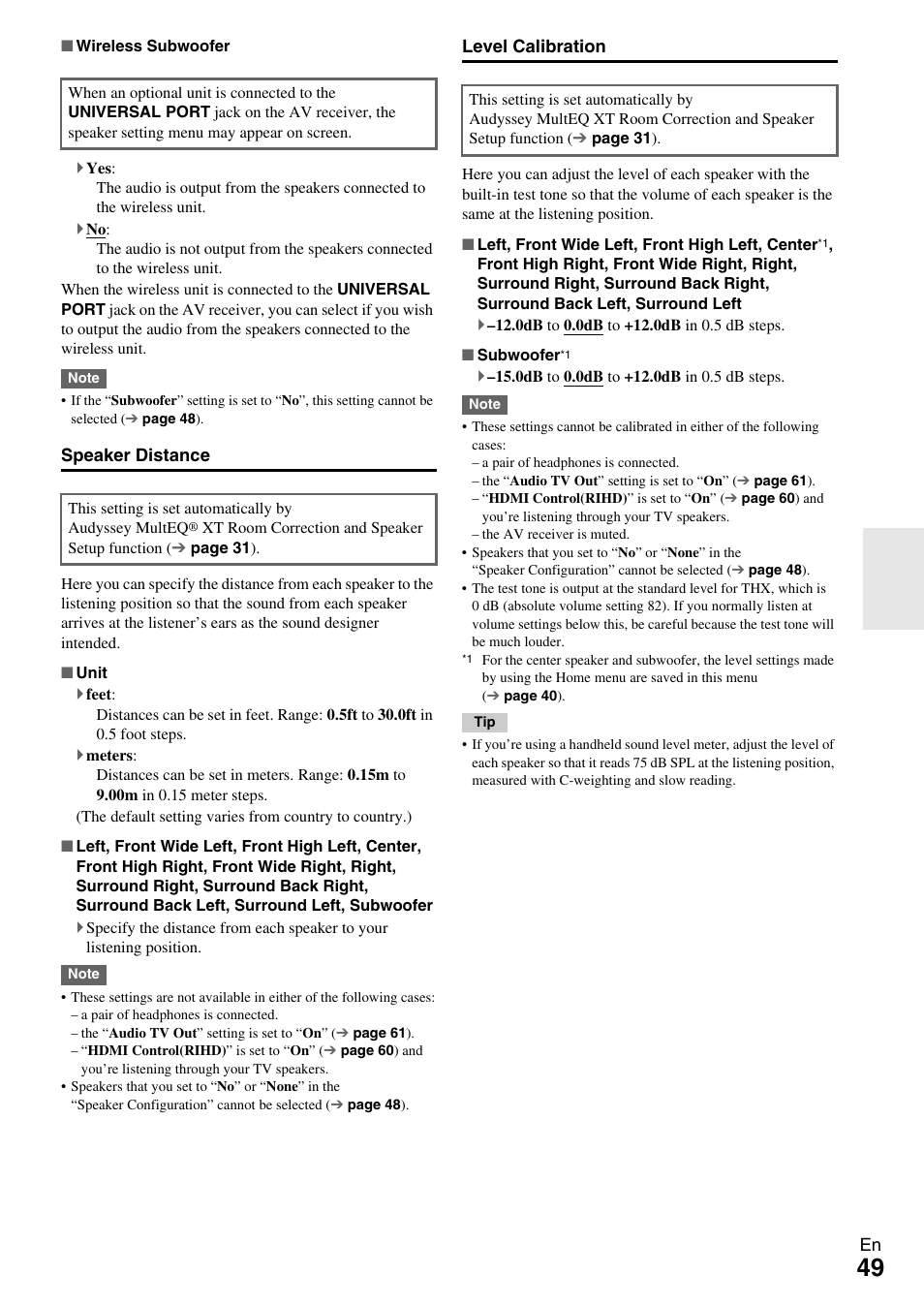 Speaker distance, Level calibration | Onkyo AV RECEIVER TX-NR1009 User Manual | Page 49 / 100