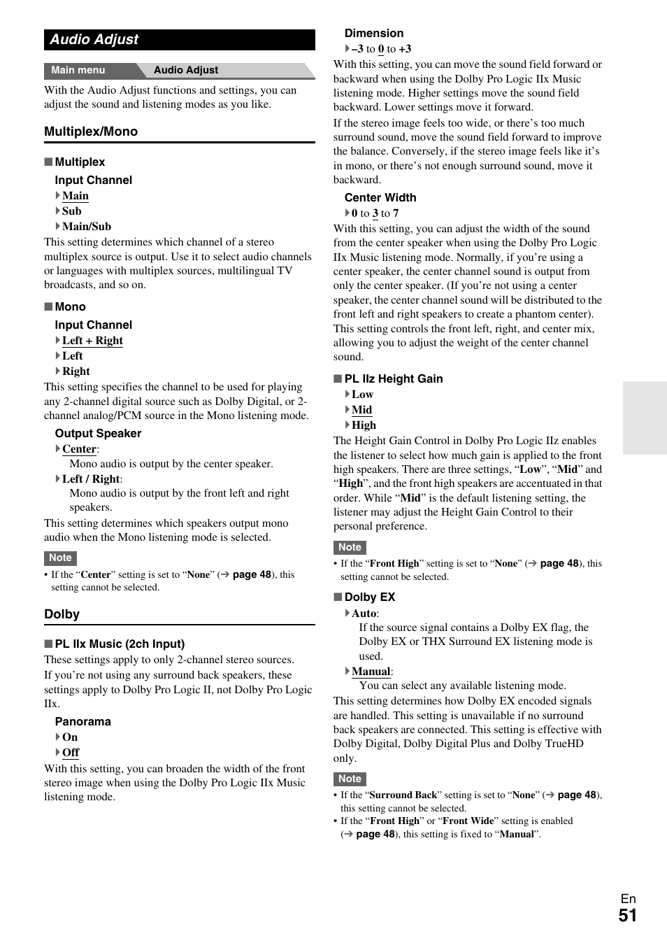 Audio adjust | Onkyo AV RECEIVER TX-NR1009 User Manual | Page 51 / 100