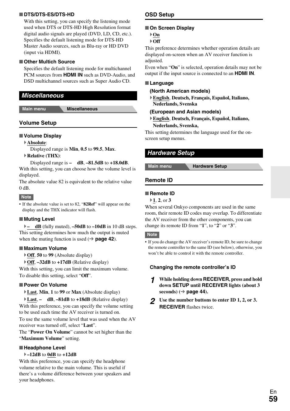 Miscellaneous, Hardware setup, Miscellaneous hardware setup | Onkyo AV RECEIVER TX-NR1009 User Manual | Page 59 / 100