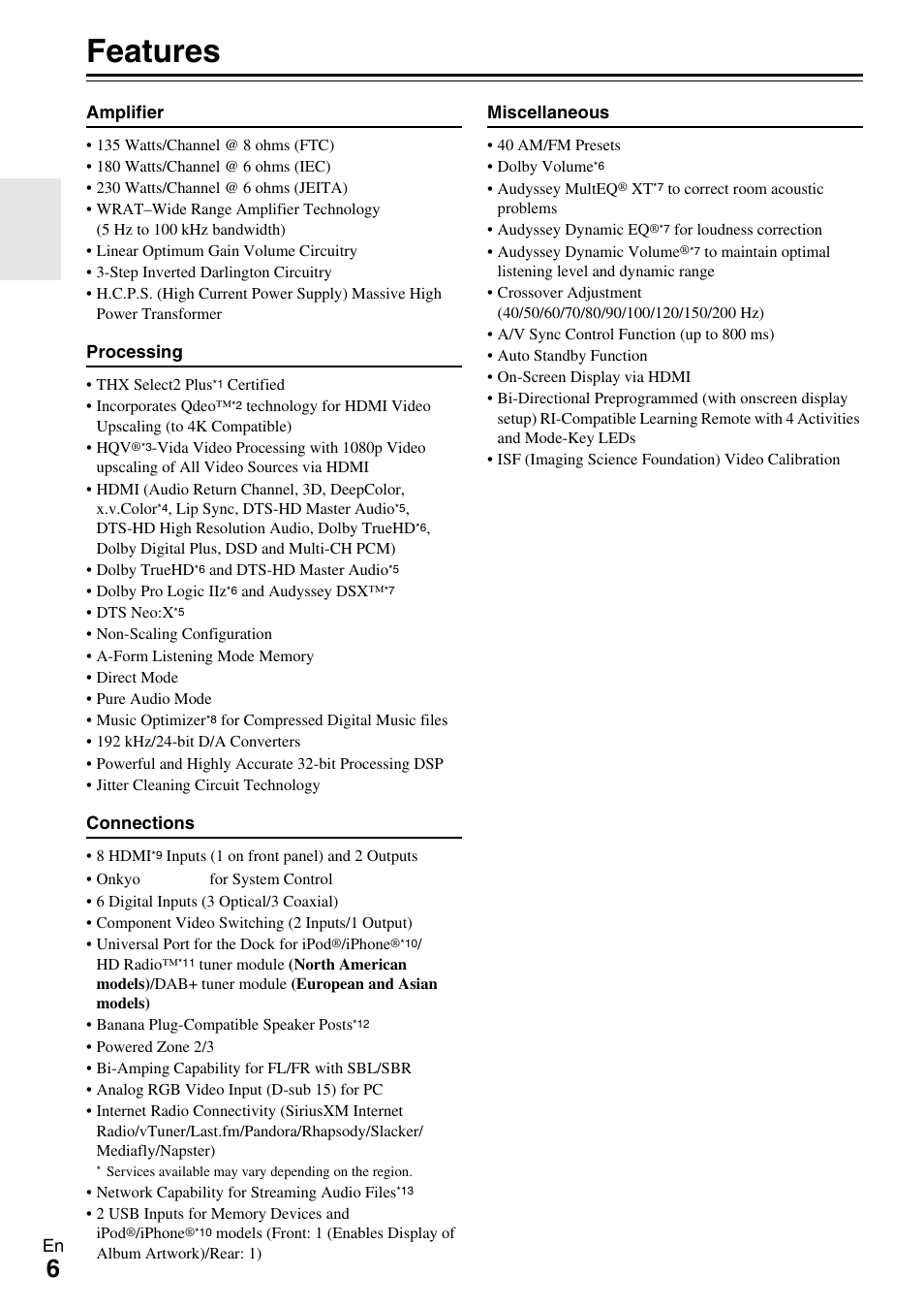 Features | Onkyo AV RECEIVER TX-NR1009 User Manual | Page 6 / 100