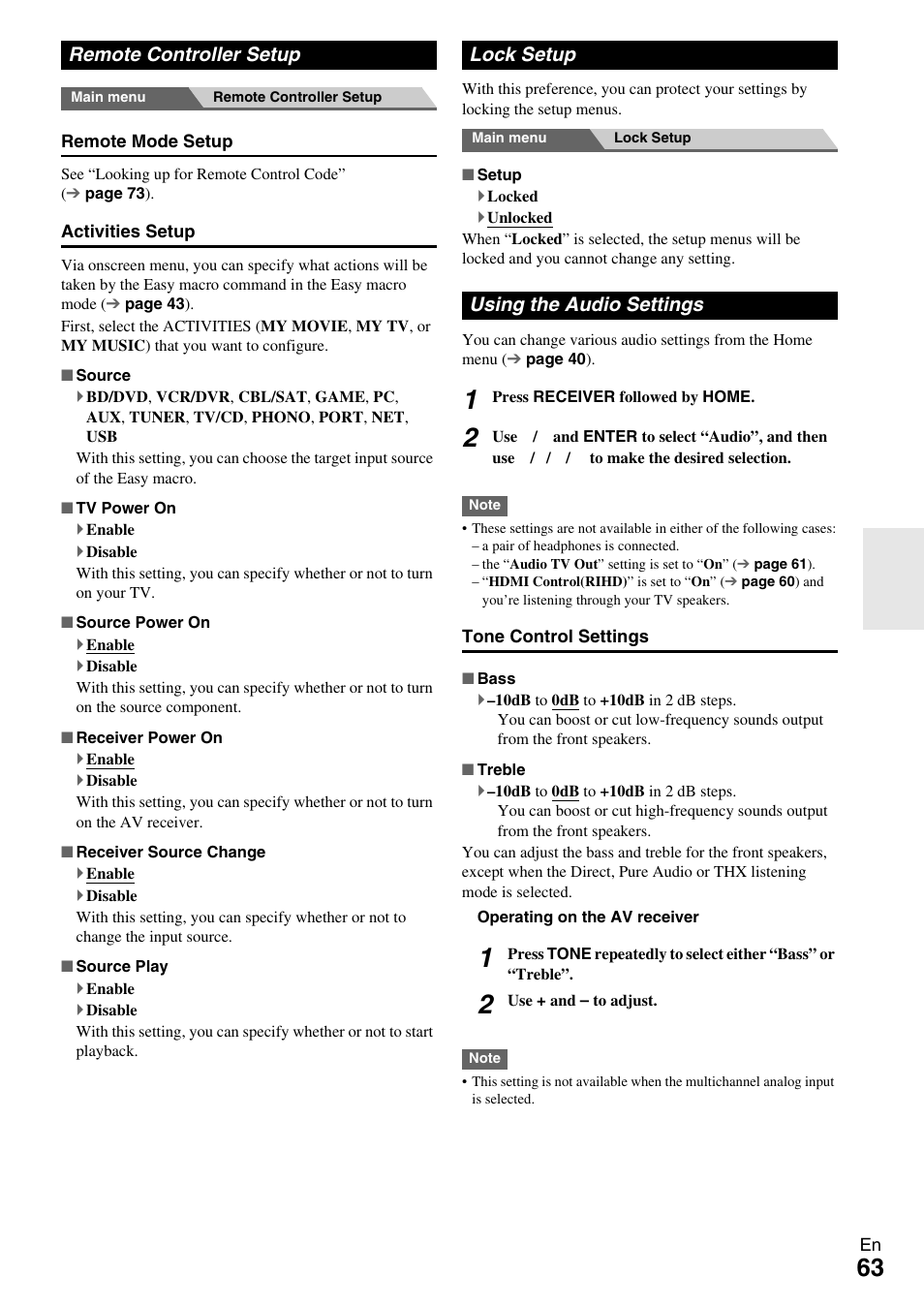 Remote controller setup, Lock setup, Using the audio settings | Onkyo AV RECEIVER TX-NR1009 User Manual | Page 63 / 100