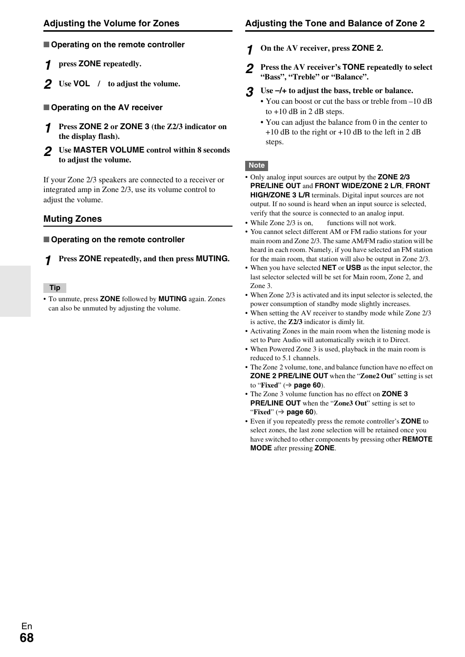 E “adjusting the volume for zones | Onkyo AV RECEIVER TX-NR1009 User Manual | Page 68 / 100