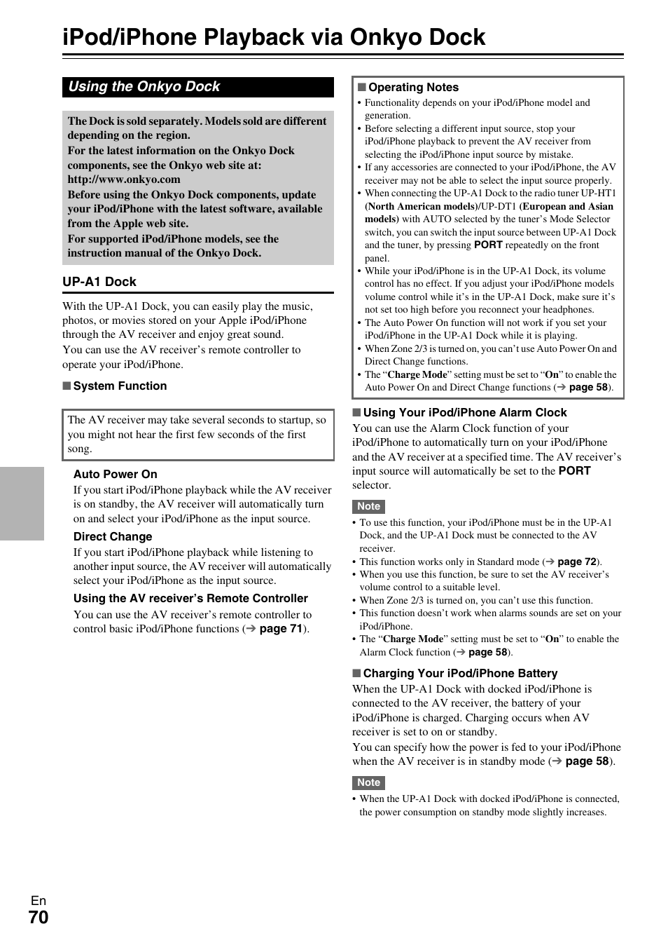 Controlling other components, Ipod/iphone playback via onkyo dock, Using the onkyo dock | Onkyo AV RECEIVER TX-NR1009 User Manual | Page 70 / 100
