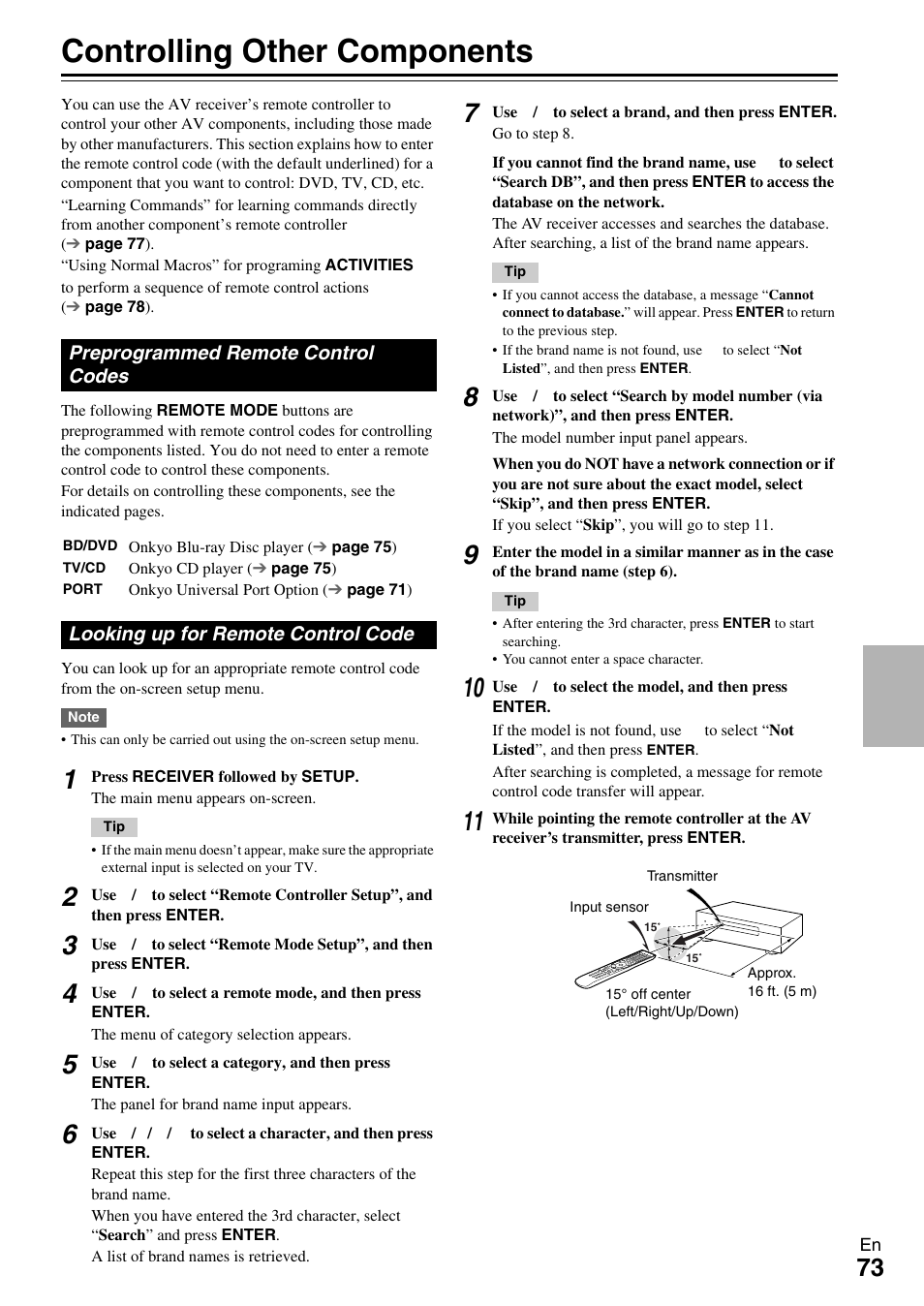 Controlling other components, Preprogrammed remote control codes, Looking up for remote control code | See “controlling other components” about, Onents, See “looking up for remote control code | Onkyo AV RECEIVER TX-NR1009 User Manual | Page 73 / 100