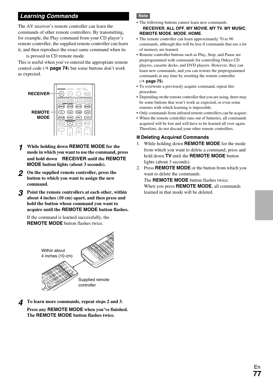 Learning commands, Receiver remote mode | Onkyo AV RECEIVER TX-NR1009 User Manual | Page 77 / 100