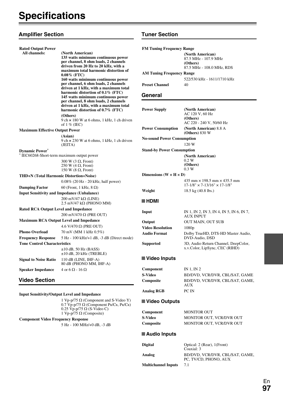 Specifications | Onkyo AV RECEIVER TX-NR1009 User Manual | Page 97 / 100