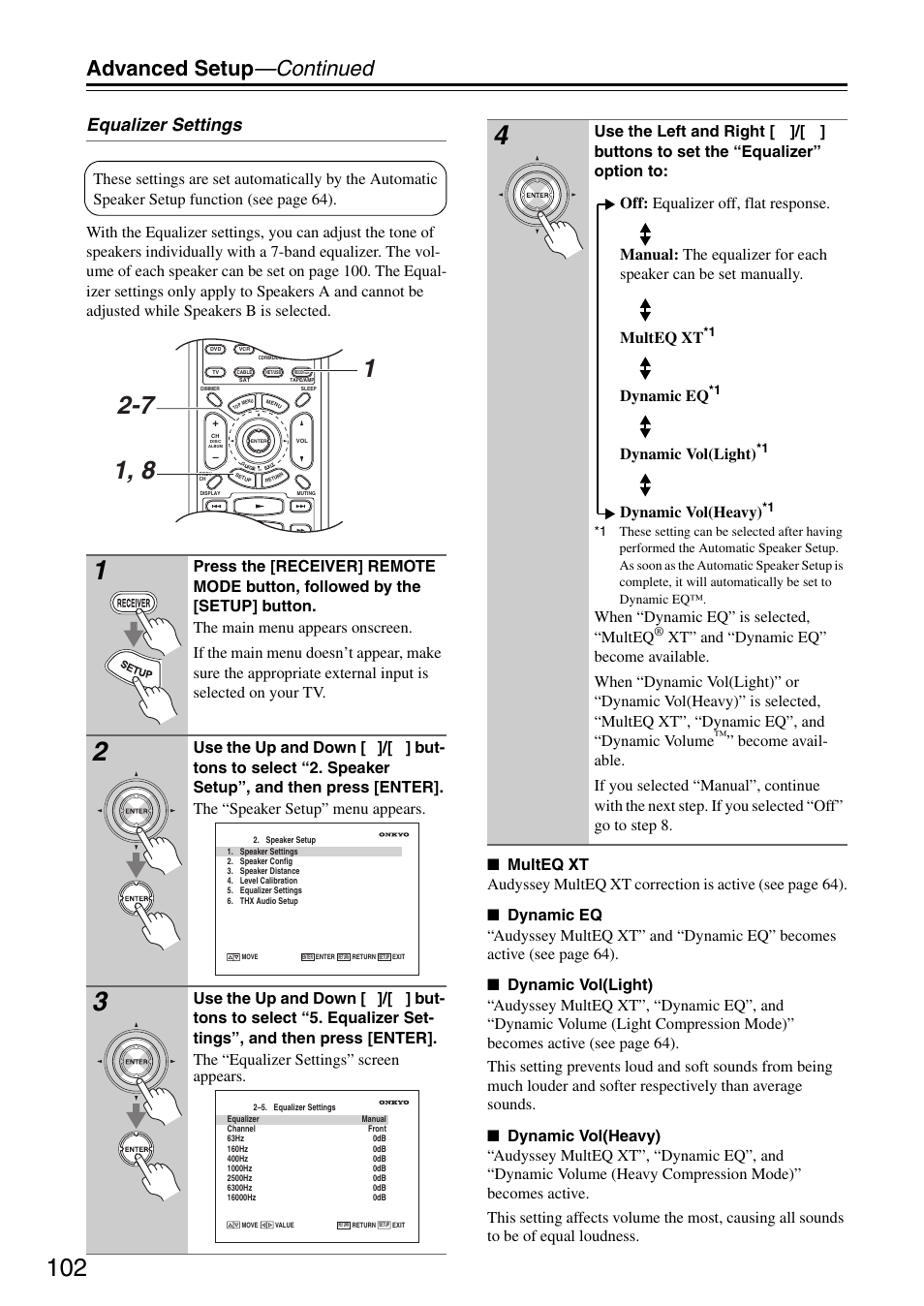 Advanced setup —continued, Equalizer settings, Dynamic eq | Dynamic vol(light), Dynamic vol(heavy), When “dynamic eq” is selected, “multeq | Onkyo TX-SR876 User Manual | Page 102 / 150
