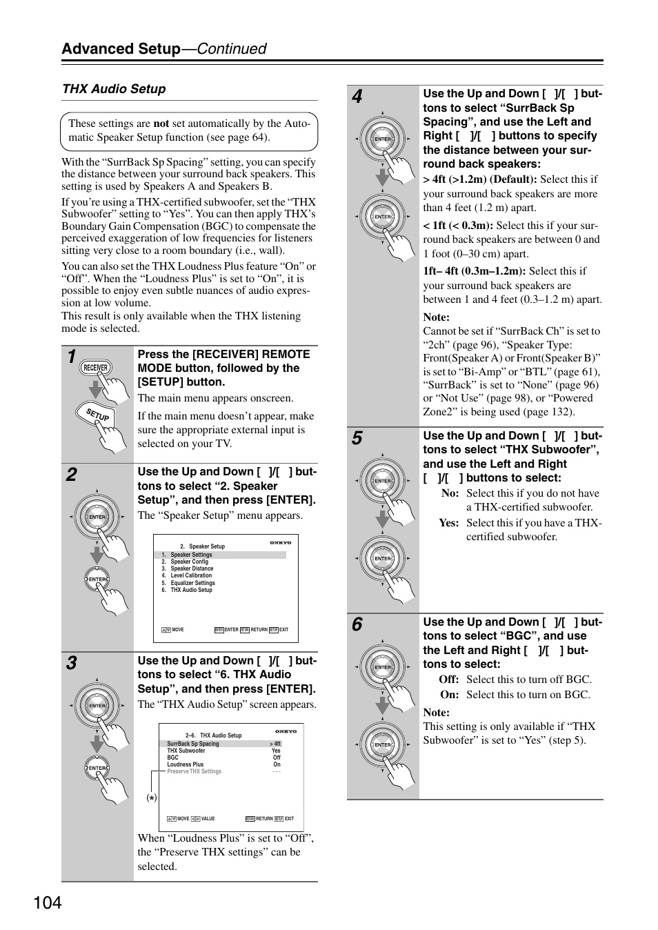 Advanced setup —continued, Thx audio setup | Onkyo TX-SR876 User Manual | Page 104 / 150
