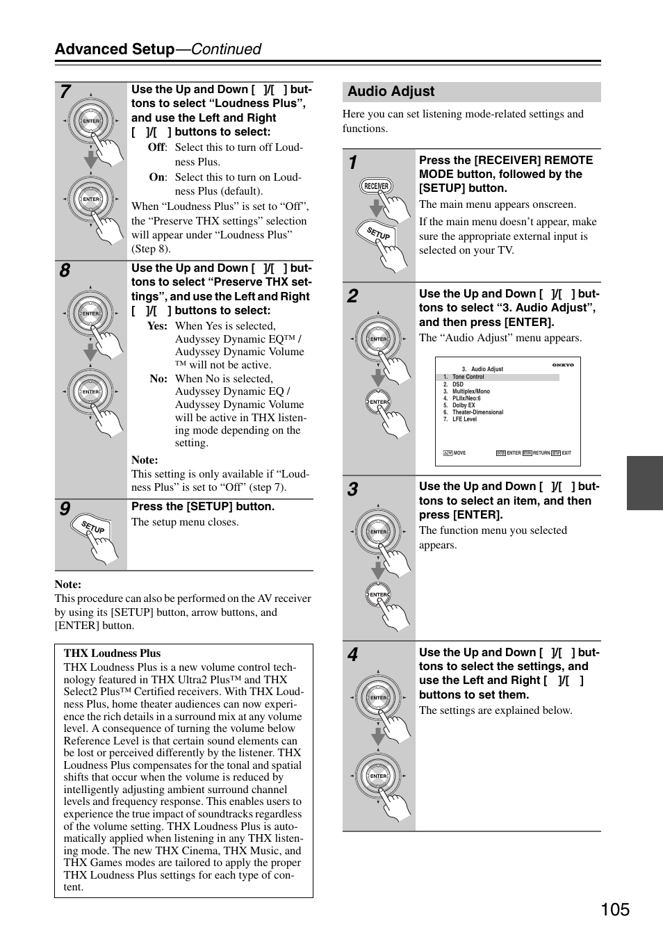Audio adjust, Advanced setup —continued | Onkyo TX-SR876 User Manual | Page 105 / 150