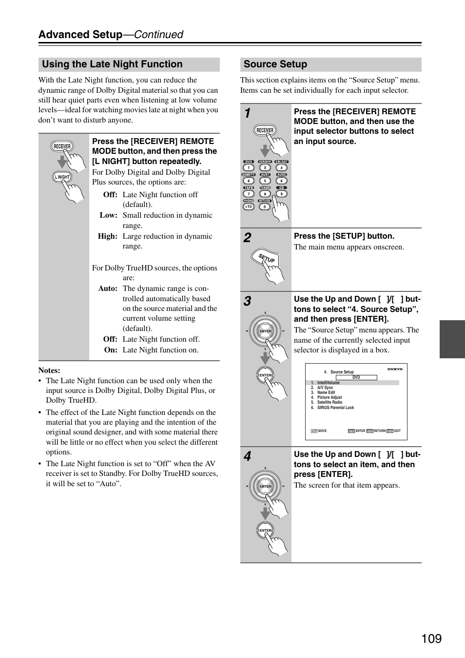 Using the late night function, Source setup, Using the late night function source setup | Es 109–1, Advanced setup —continued | Onkyo TX-SR876 User Manual | Page 109 / 150