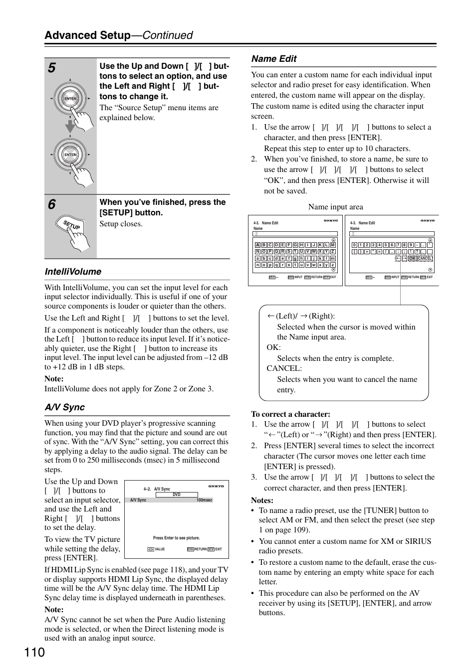 Advanced setup —continued, Intellivolume, A/v sync | Name edit | Onkyo TX-SR876 User Manual | Page 110 / 150