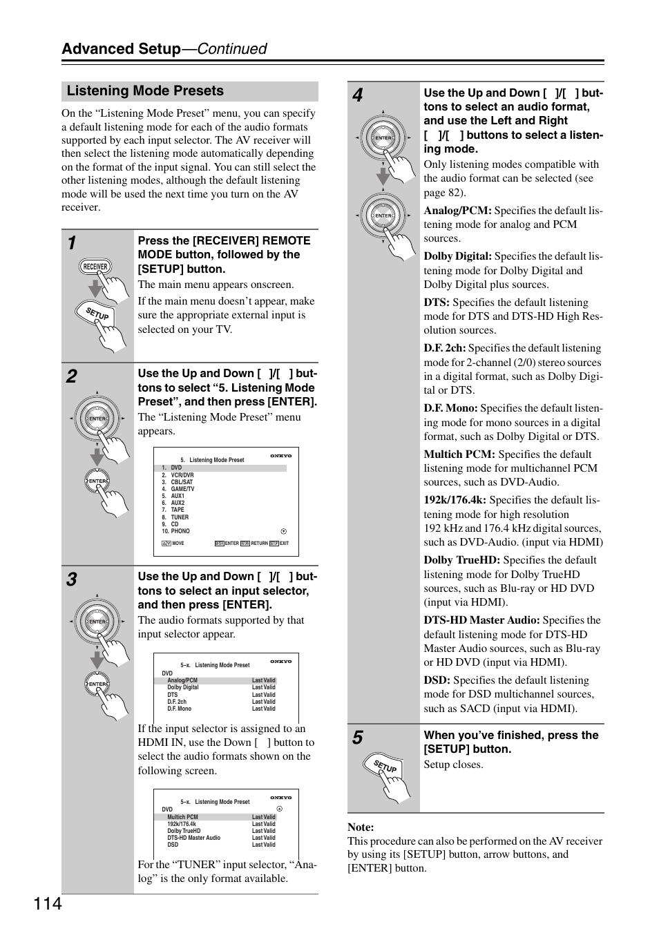 Listening mode presets, Advanced setup —continued | Onkyo TX-SR876 User Manual | Page 114 / 150