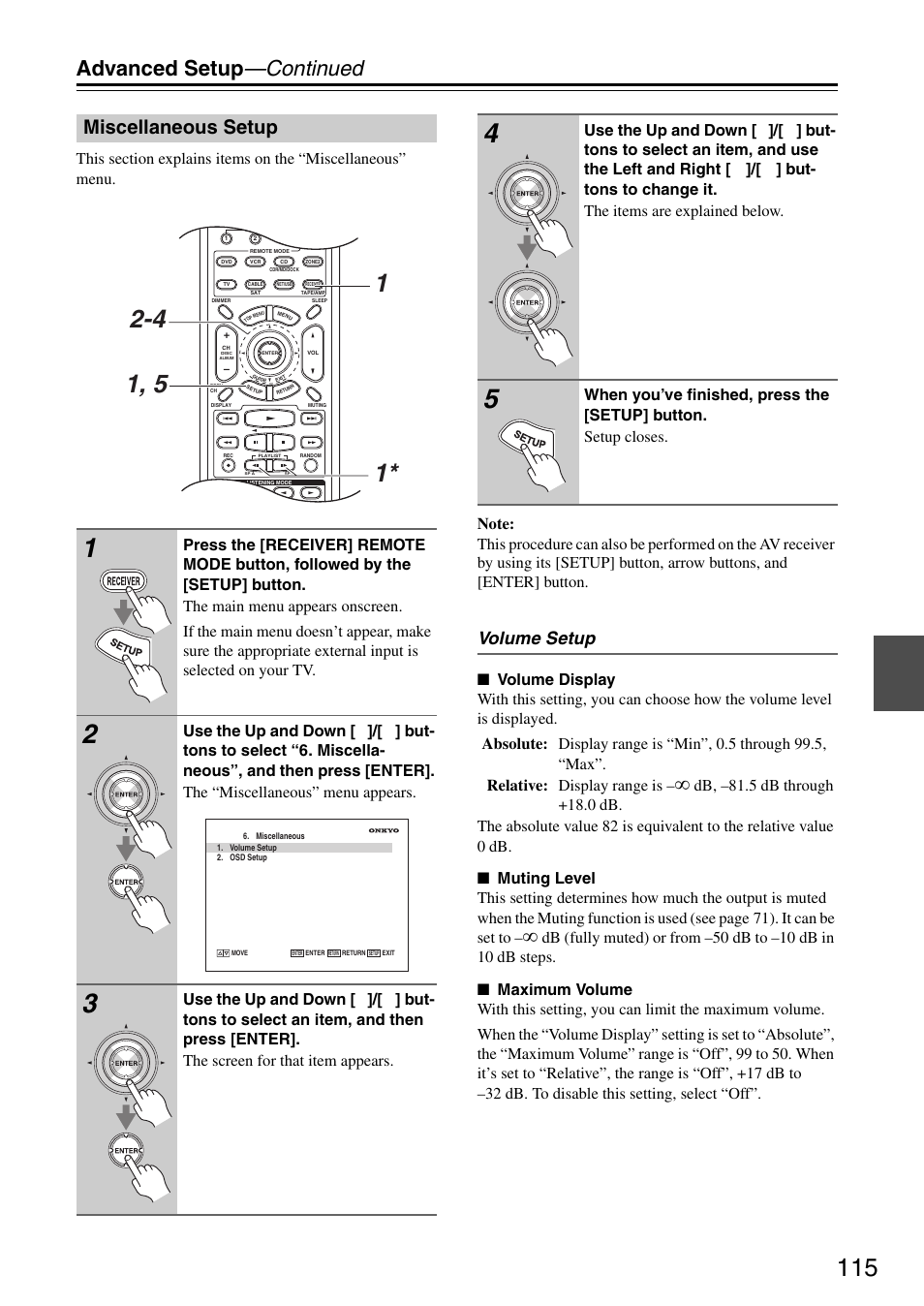 Miscellaneous setup, Advanced setup —continued, Volume setup | Onkyo TX-SR876 User Manual | Page 115 / 150