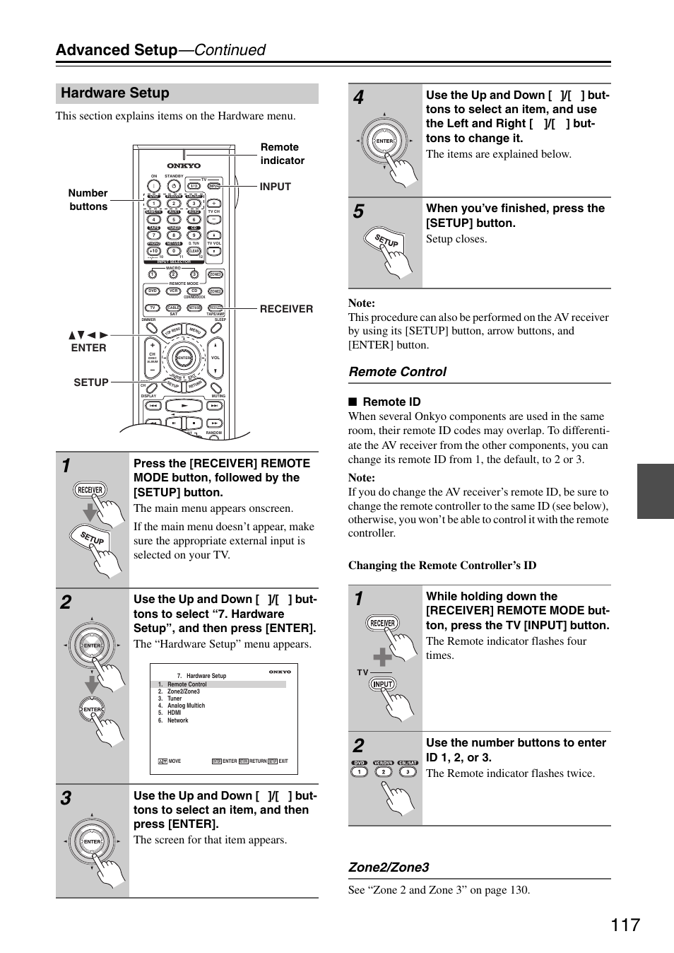 Hardware setup, Advanced setup —continued, Remote control | Zone2/zone3 | Onkyo TX-SR876 User Manual | Page 117 / 150