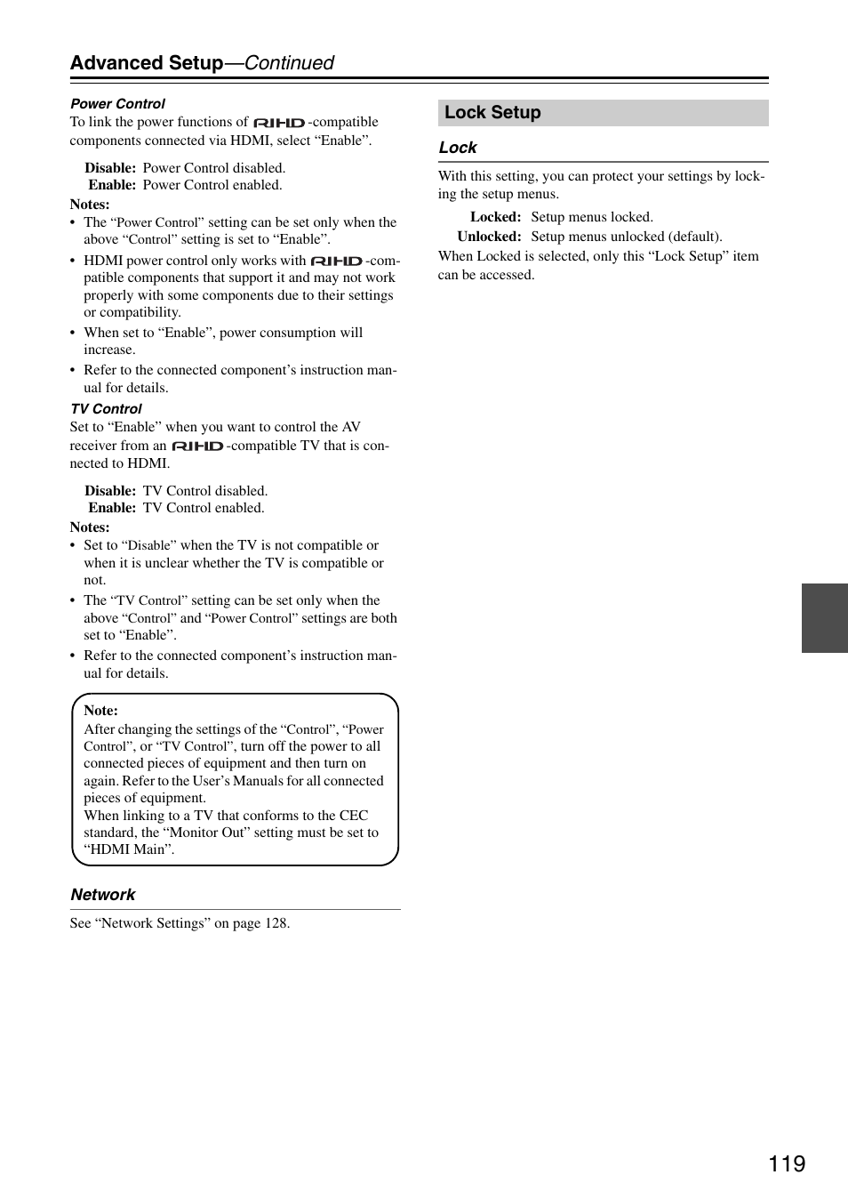 Lock setup, Advanced setup —continued | Onkyo TX-SR876 User Manual | Page 119 / 150