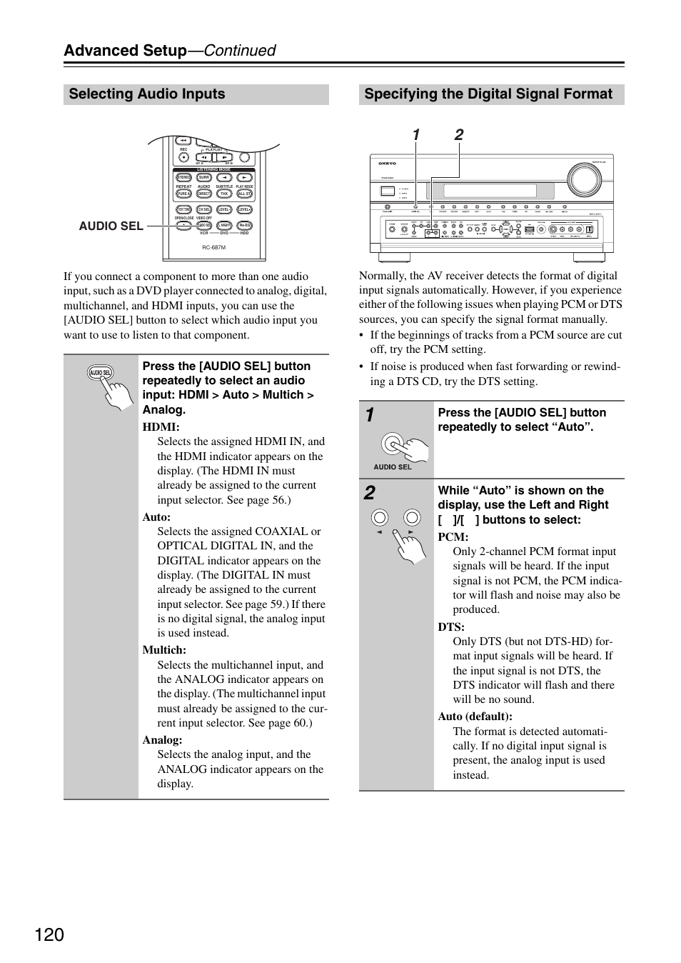 Selecting audio inputs, Specifying the digital signal format, Advanced setup —continued | Audio sel | Onkyo TX-SR876 User Manual | Page 120 / 150