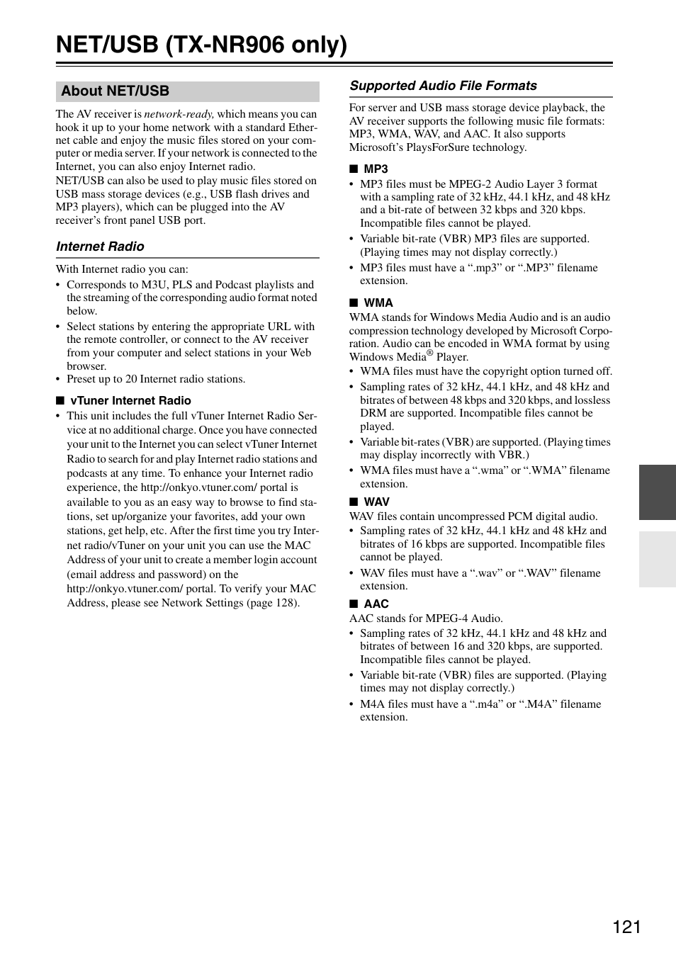 Net/usb (tx-nr906 only), About net/usb | Onkyo TX-SR876 User Manual | Page 121 / 150