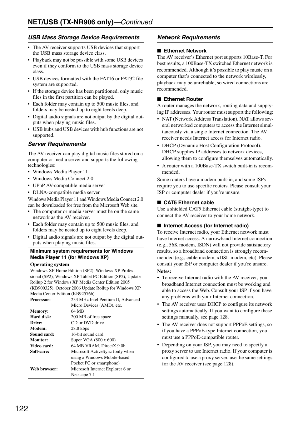 Net/usb (tx-nr906 only) —continued | Onkyo TX-SR876 User Manual | Page 122 / 150