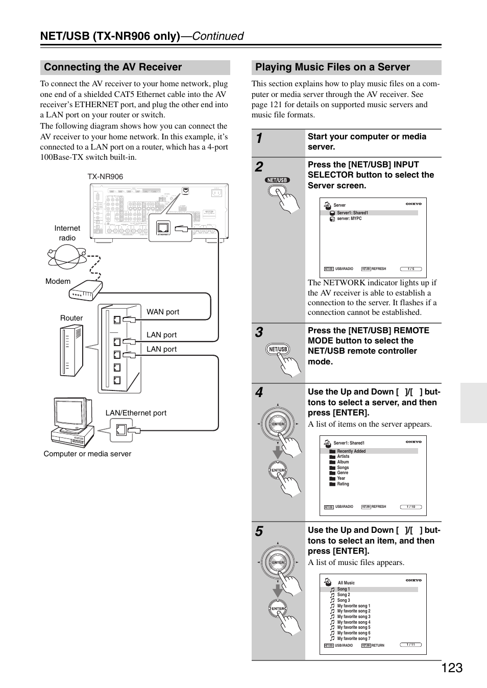 Connecting the av receiver, Playing music files on a server, Net/usb (tx-nr906 only) —continued | Onkyo TX-SR876 User Manual | Page 123 / 150