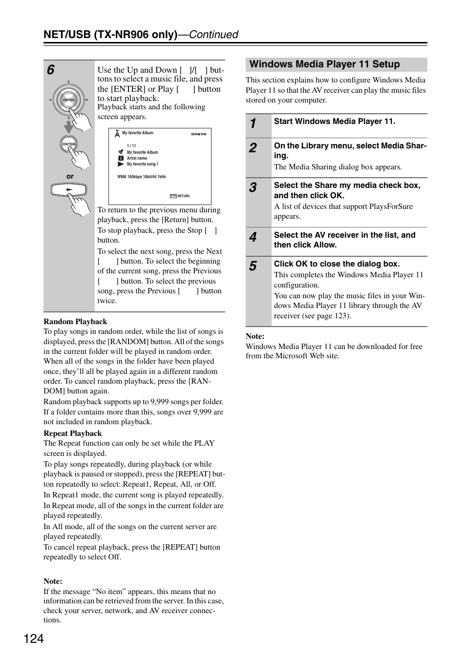 Windows media player 11 setup, Net/usb (tx-nr906 only) —continued | Onkyo TX-SR876 User Manual | Page 124 / 150