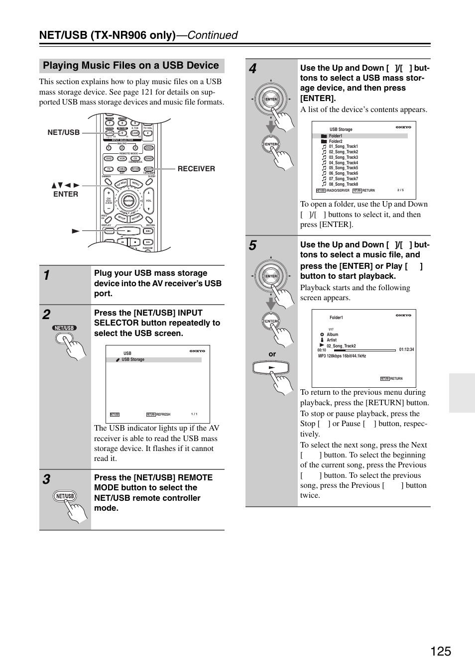 Playing music files on a usb device, Net/usb (tx-nr906 only) —continued, Net/usb receiver enter | Onkyo TX-SR876 User Manual | Page 125 / 150