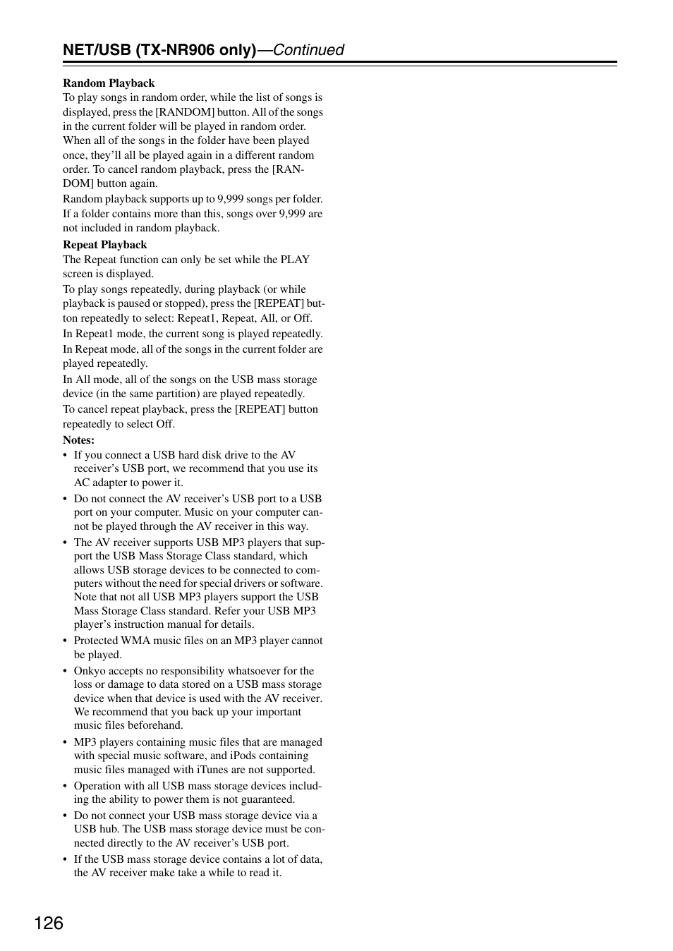 Net/usb (tx-nr906 only) —continued | Onkyo TX-SR876 User Manual | Page 126 / 150