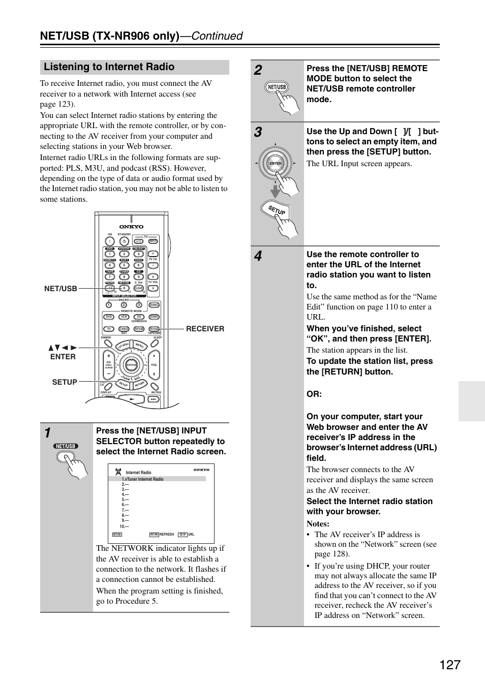 Listening to internet radio, Net/usb (tx-nr906 only) —continued, Setup net/usb receiver enter | Onkyo TX-SR876 User Manual | Page 127 / 150
