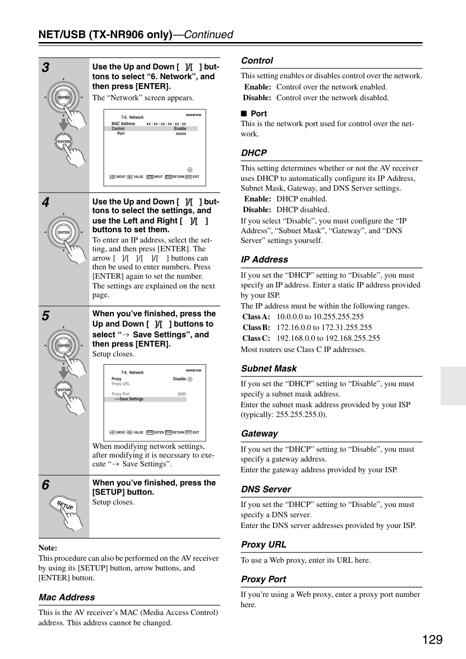 Net/usb (tx-nr906 only) —continued, Mac address, Control | Dhcp, Ip address, Subnet mask, Gateway, Dns server, Proxy url, Proxy port | Onkyo TX-SR876 User Manual | Page 129 / 150