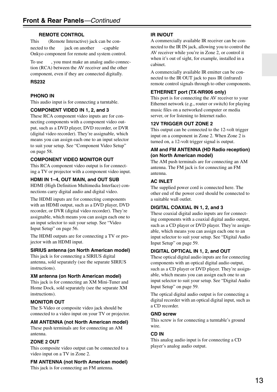 Front & rear panels —continued | Onkyo TX-SR876 User Manual | Page 13 / 150