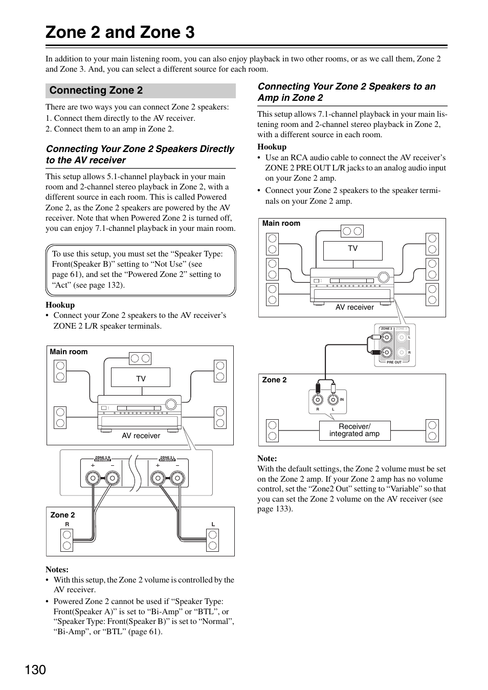 Zone 2 and zone 3, Connecting zone 2 | Onkyo TX-SR876 User Manual | Page 130 / 150