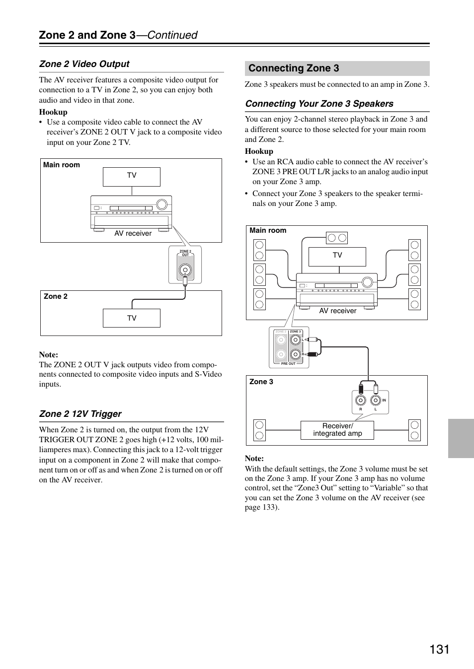 Connecting zone 3, Zone 2 and zone 3 —continued, Zone 2 video output | Zone 2 12v trigger, Connecting your zone 3 speakers | Onkyo TX-SR876 User Manual | Page 131 / 150