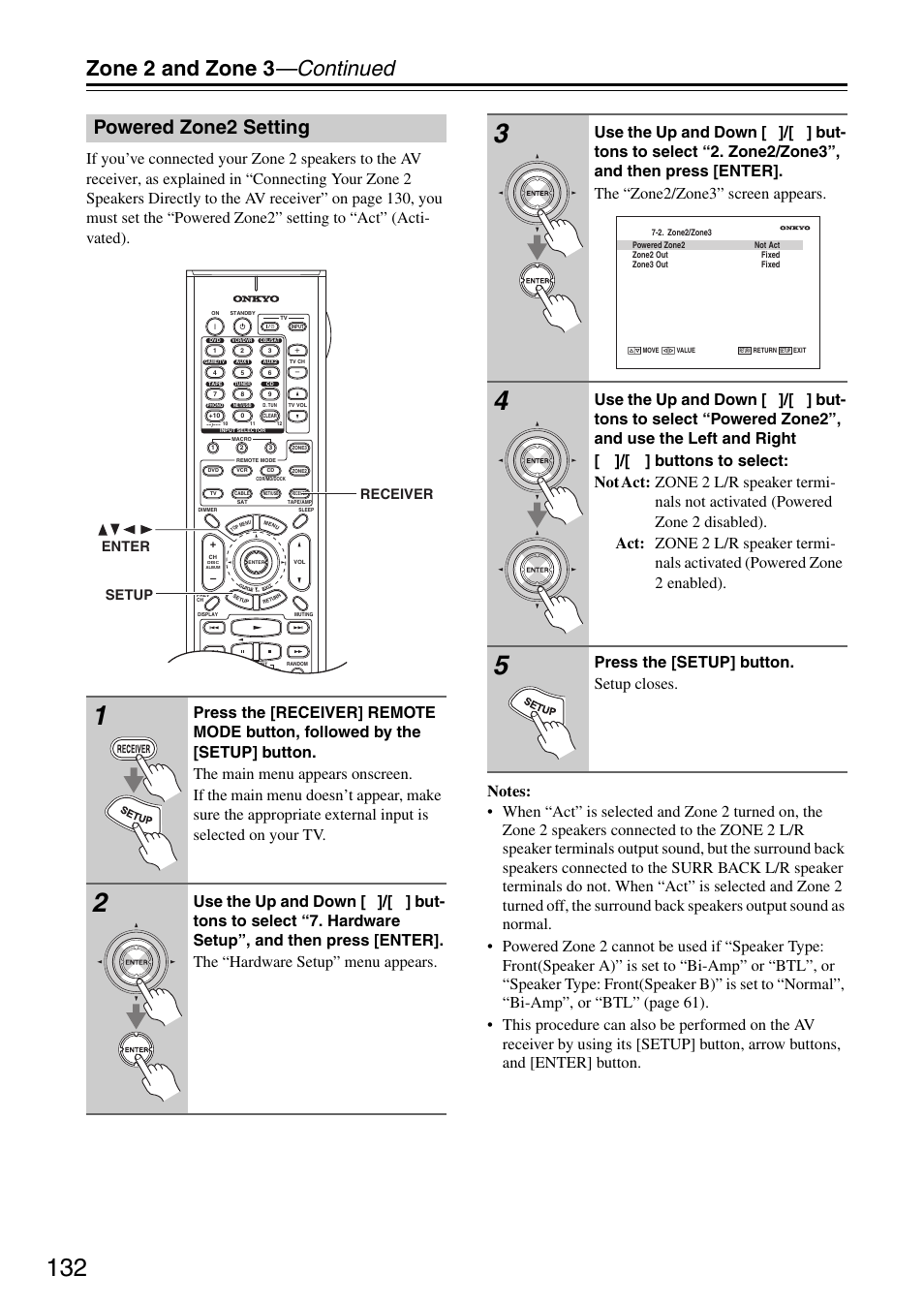 Powered zone2 setting, Zone 2 and zone 3 —continued, Press the [setup] button. setup closes | Setup receiver enter | Onkyo TX-SR876 User Manual | Page 132 / 150