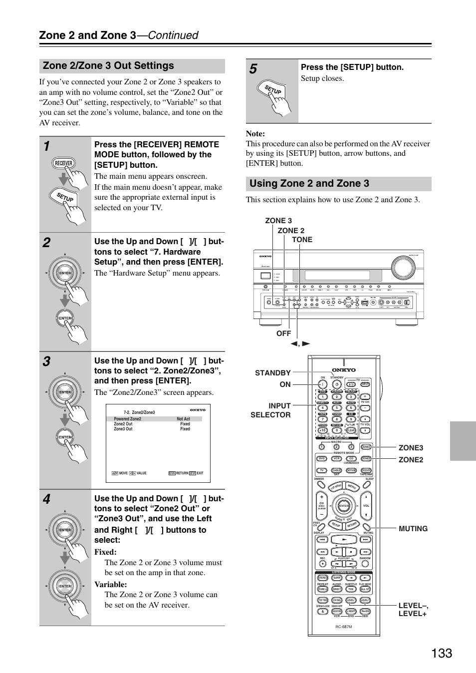 Zone 2/zone 3 out settings, Using zone 2 and zone 3, Zone 2/zone 3 out settings using zone 2 and zone 3 | Zone 2 and zone 3 —continued, Press the [setup] button. setup closes, Zone 3 zone 2 tone off | Onkyo TX-SR876 User Manual | Page 133 / 150