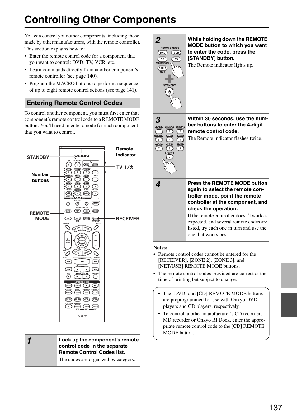 Controlling other components, Entering remote control codes | Onkyo TX-SR876 User Manual | Page 137 / 150
