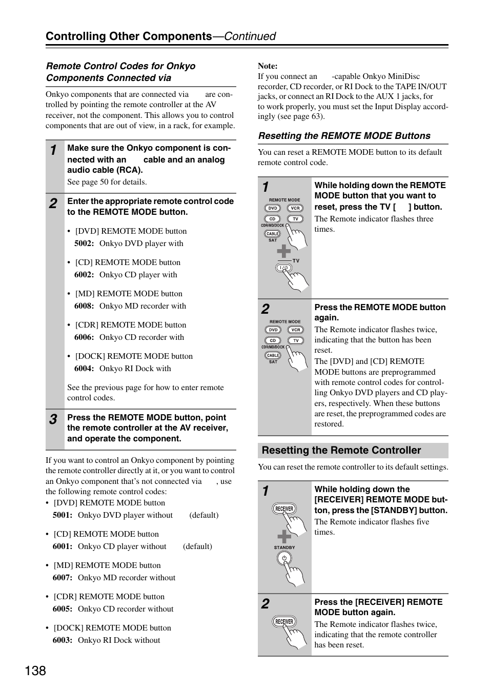 Resetting the remote controller, Controlling other components —continued | Onkyo TX-SR876 User Manual | Page 138 / 150
