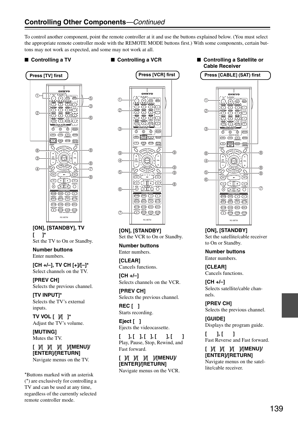 Controlling other components —continued, Press [tv] first, Press [vcr] first | Press [cable] (sat) first | Onkyo TX-SR876 User Manual | Page 139 / 150