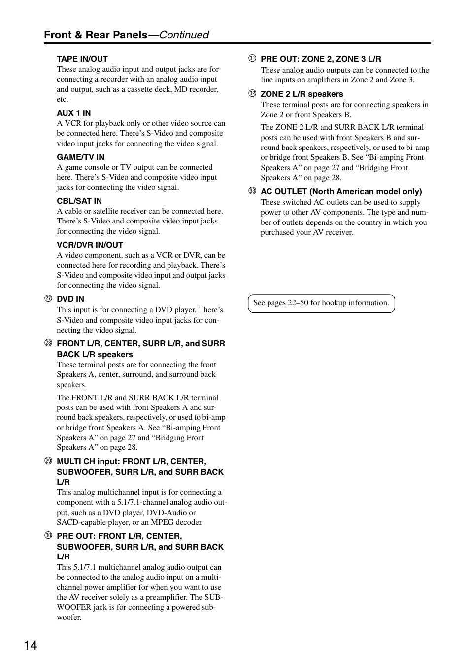Front & rear panels —continued | Onkyo TX-SR876 User Manual | Page 14 / 150