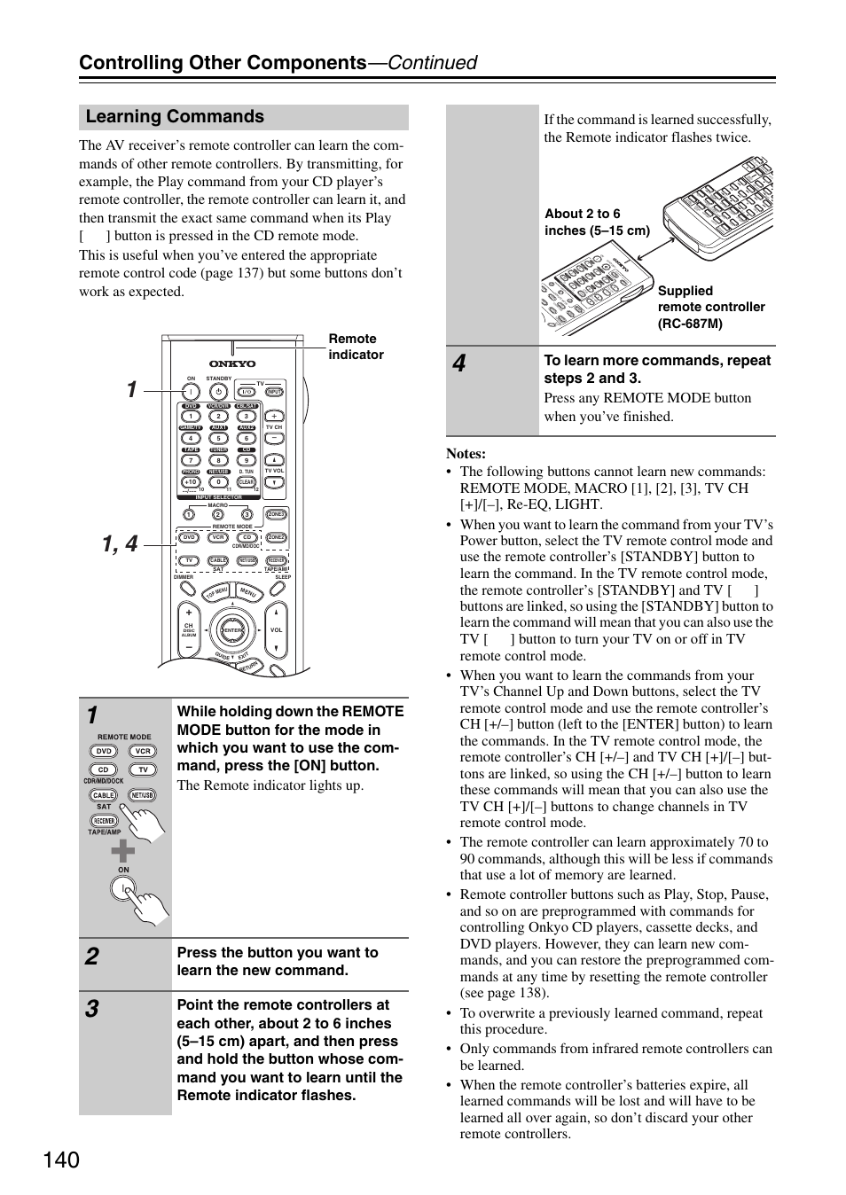 Learning commands, Controlling other components —continued, Press the button you want to learn the new command | Remote indicator | Onkyo TX-SR876 User Manual | Page 140 / 150