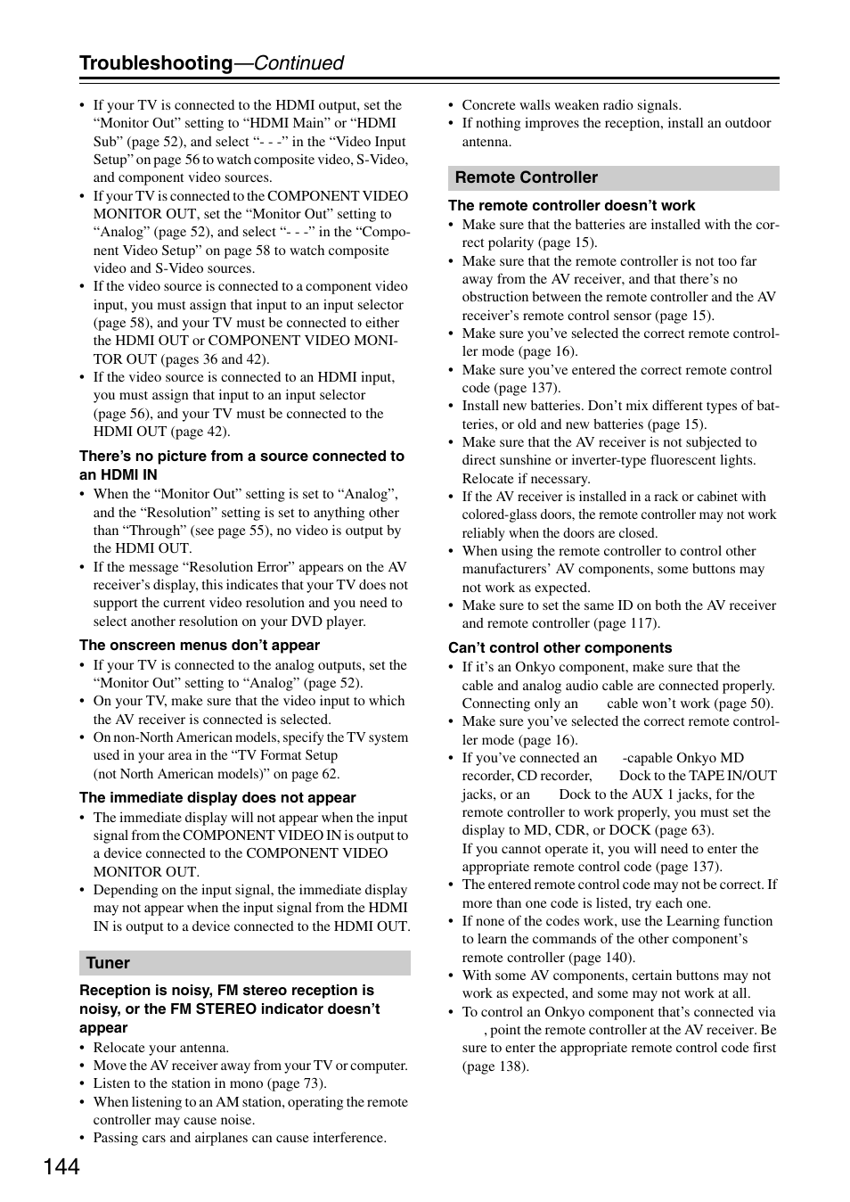 Troubleshooting —continued | Onkyo TX-SR876 User Manual | Page 144 / 150