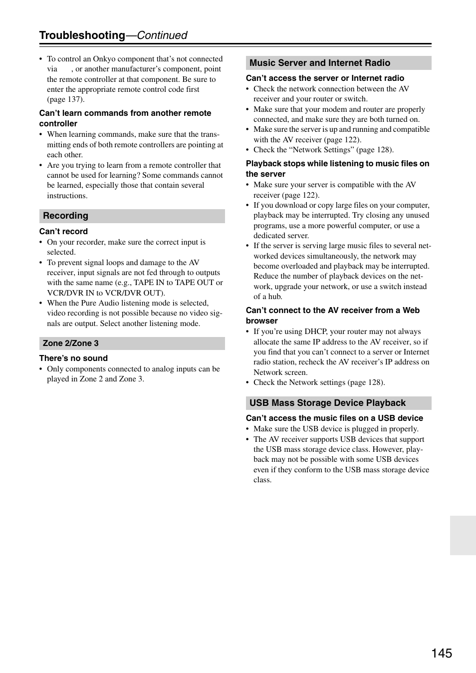 Troubleshooting —continued | Onkyo TX-SR876 User Manual | Page 145 / 150