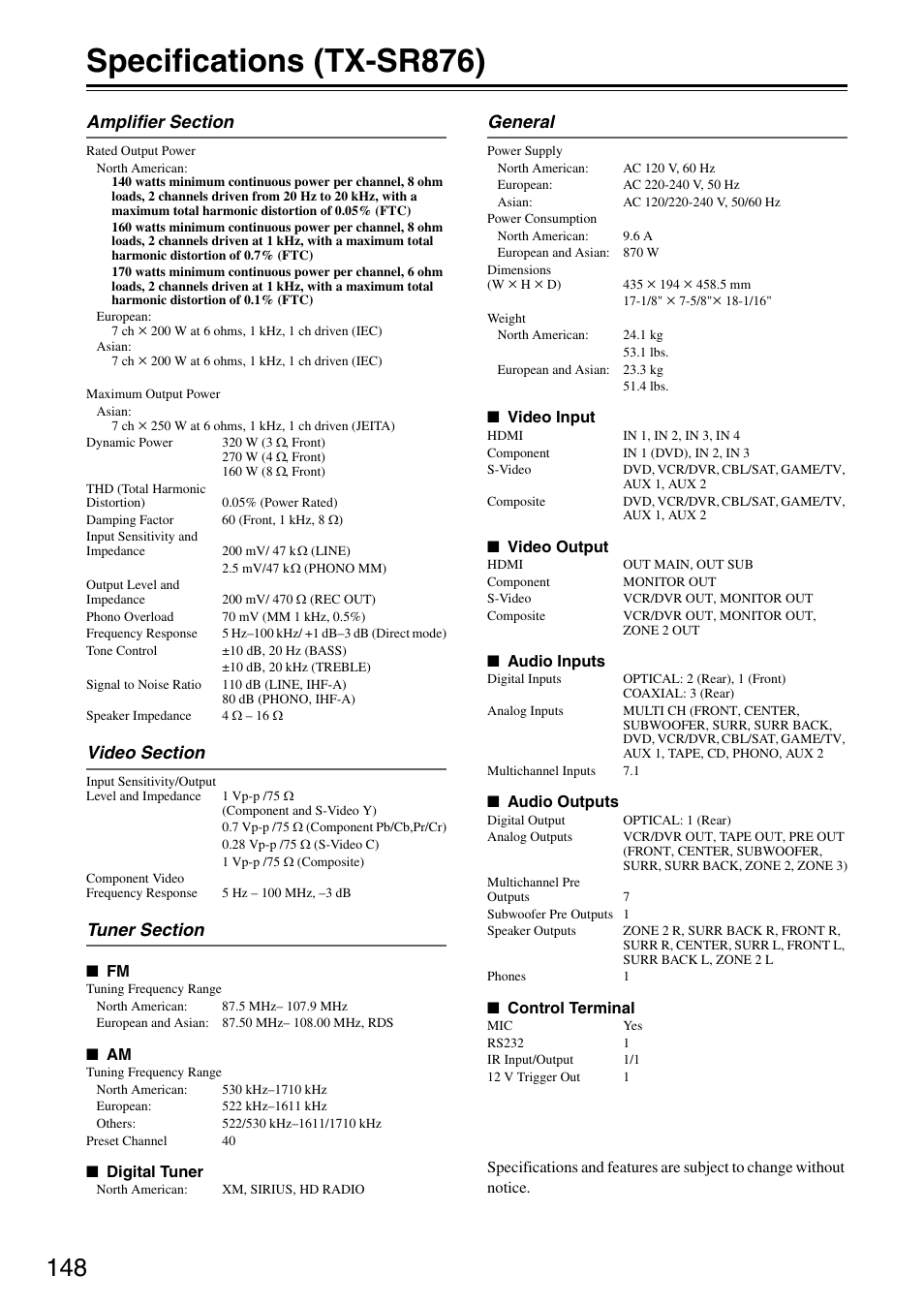 Specifications (tx-sr876), General | Onkyo TX-SR876 User Manual | Page 148 / 150