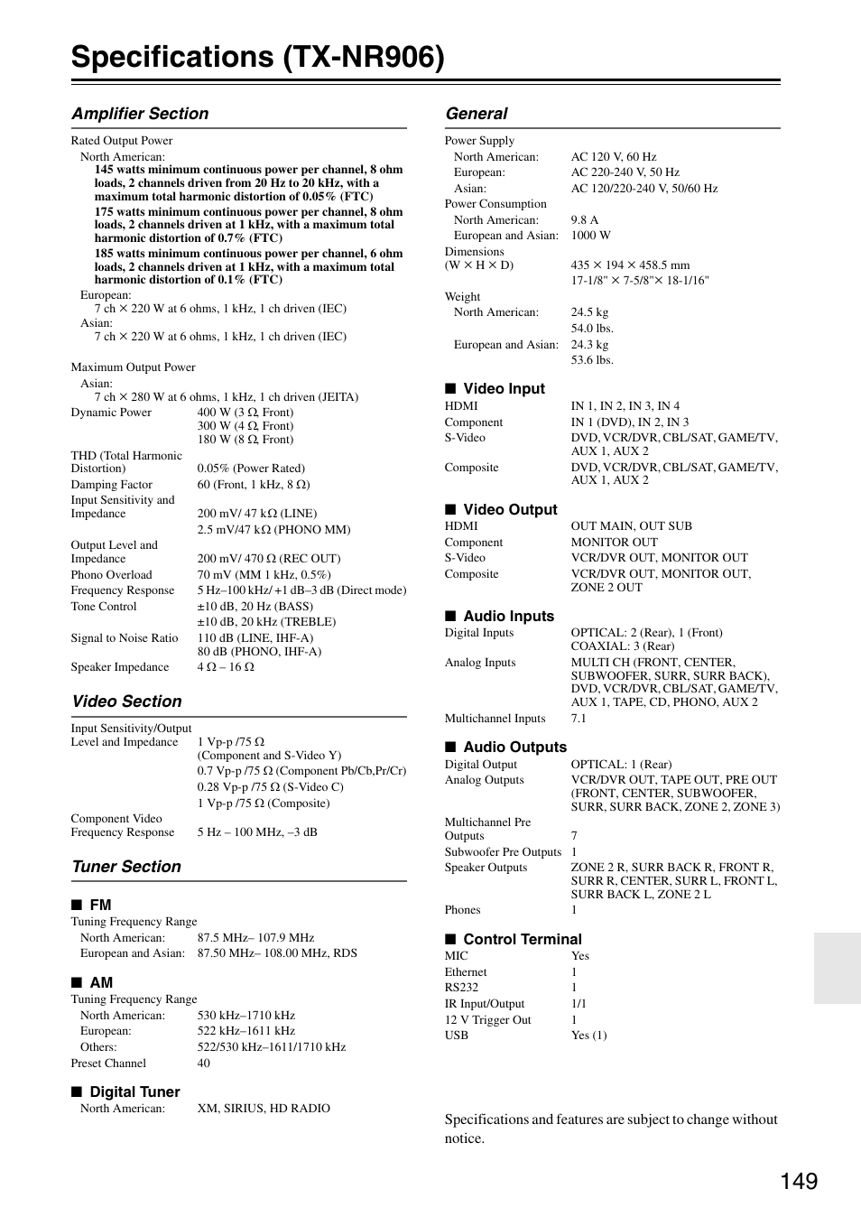 Specifications (tx-nr906), General | Onkyo TX-SR876 User Manual | Page 149 / 150