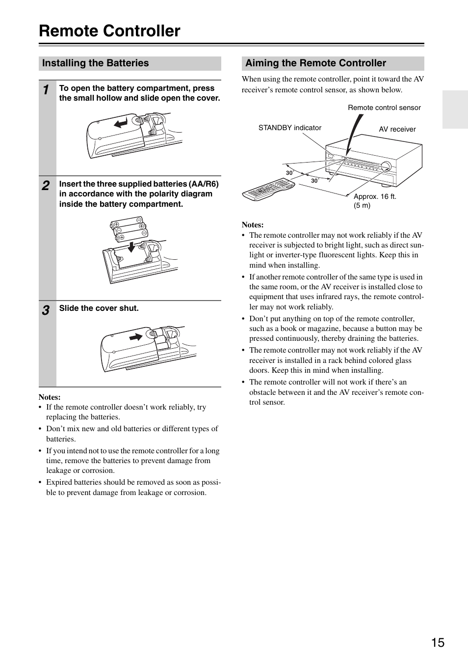 Remote controller, Installing the batteries, Aiming the remote controller | Onkyo TX-SR876 User Manual | Page 15 / 150
